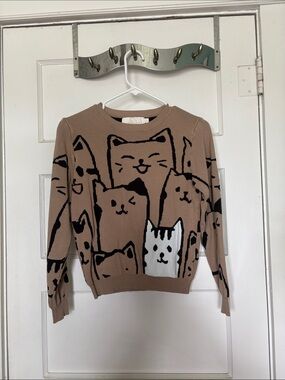 Lizette Collection Cat Print Sweater in Taupe and Black Size S